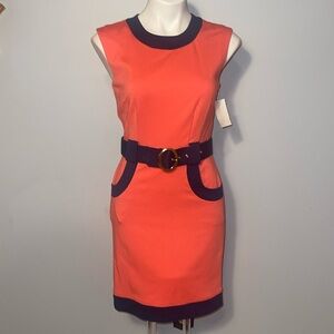 Trina Turk NWT ladies coral and navy sleeveless sheath dress. Size 4. Belted